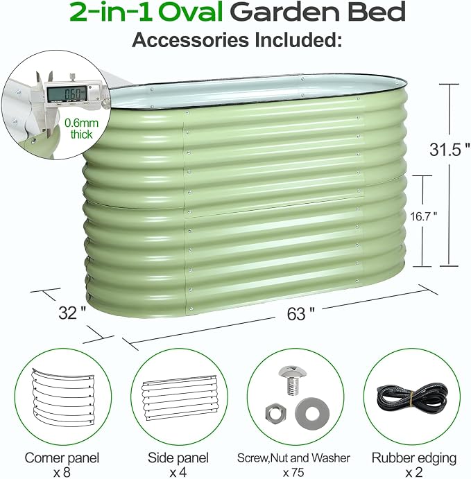 Aoodor 2-in-1 Modular Aluzinc Metal Raised Garden Bed, 63" L x 32" W x 32" H, Outdoor Planter Box for Vegetables, Flowers, and Herbs, Olive Green