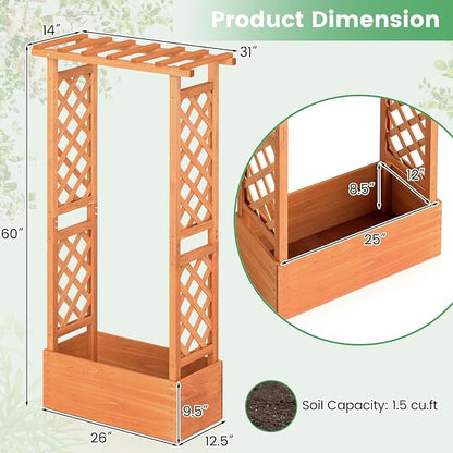 Giantex Raised Garden Bed with 2-Sided Trellis & Hanging Roof, Fir Wood Planter Box w/Drainage Holes, Bottom Gaps, Freestanding Garden Planter for Flowers Herbs Climbing Vines (31" x 12.5" x 60")