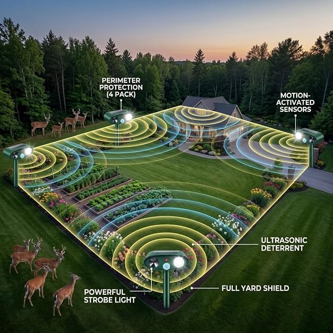 2026 Sonic Fortress Pro Deer Repellent Devices with USB Charge,Solar Ultrasonic Animal Repellent with Motion Sensor&Flash Light,Deer Deterrent for Flower beds,Vegetable Gardens,Plants 4Pack