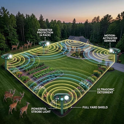 2026 Sonic Fortress Pro Deer Repellent Devices with USB Charge,Solar Ultrasonic Animal Repellent with Motion Sensor&Flash Light,Deer Deterrent for Flower beds,Vegetable Gardens,Plants 4Pack