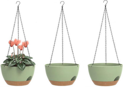 Hanging Planters 3-Pack, 8 Inch Self-Watering Hanging Pots with Drainage Hole and Chains, Plastic Planters for Indoor Outdoor（Green Brown）
