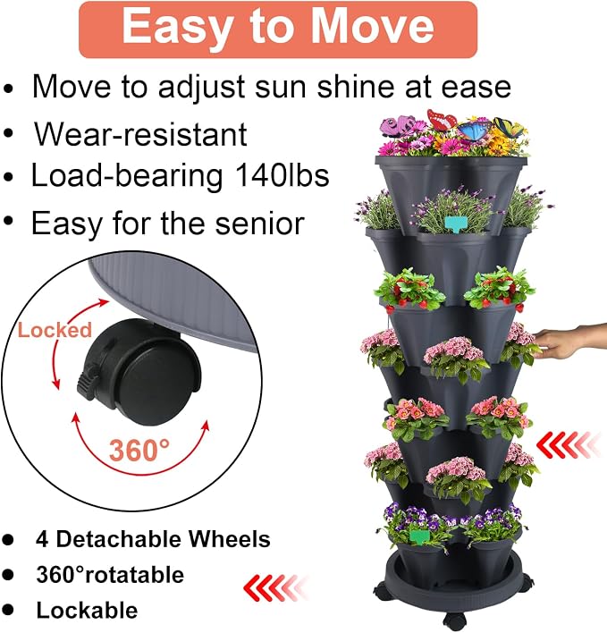 GameXcel Vertical Planter, 7 Tier Stackable Strawberry Planter with Garden Tool Set, Movable Indoor/Outdoor Garden Herb Pot for Growing Vegetables and Succulents, Dark Gray