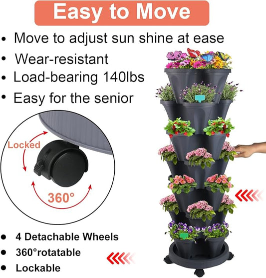 GameXcel Vertical Planter, 7 Tier Stackable Strawberry Planter with Garden Tool Set, Movable Indoor/Outdoor Garden Herb Pot for Growing Vegetables and Succulents, Dark Gray