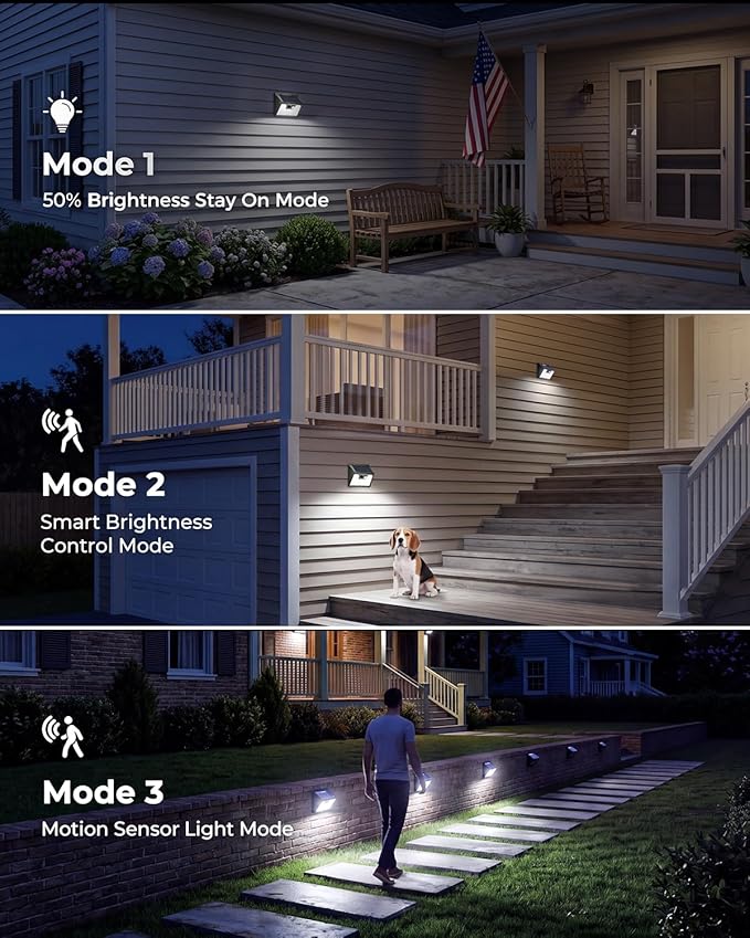 Peasur 140LED Solar Powered Lights Outdoor Waterproof, 3 Packs Motion Sensor Light Ultra-Bright, 3 Modes Fence Security Lighting for Outside Yard Wall Deck Step Garden(Cool White)