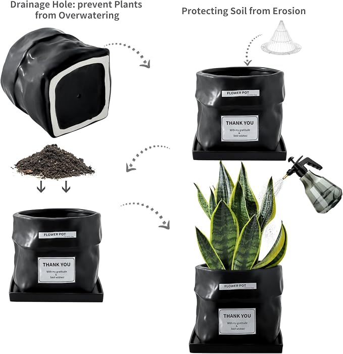 Nihow 6 Inch Ceramic Plant Pot with Drainage & Square Saucer,Black | Bag Shape Design,Indoor & Outdoor，Living room/Office/Bedroom/Windowsill/Tabletop，Plant Lovers/Gardeners/Beginners