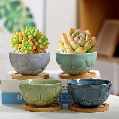 YYW Ceramic Succulent Planter, 4 Pack Cute Garden Pots with Drainage and Attached Saucer