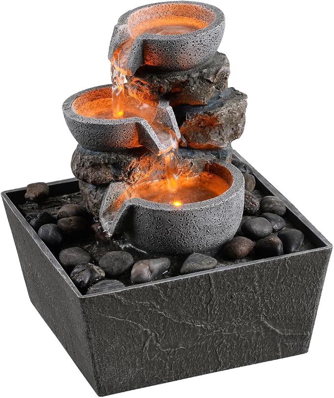 Haobos Decorative Indoor Fountain 3-Bowl Rockery Soothing Sound Tabletop Fountains Home/Office Decor with Led Light/Some Cobblestones(1556A)