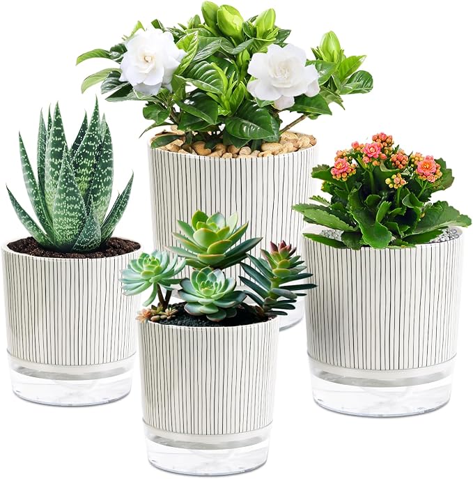 Self Watering Pots for Indoor Plants, 5 & 4 Inch Stylish Flower Pots, Set of 4 Modern Planters with Self Watering Plant Feature (Black Stripes)