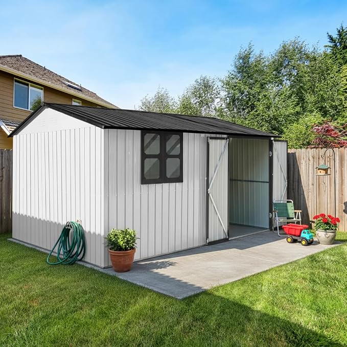 KEIKI 12x10 Ft Metal Outdoor Storage Shed Garden with Window, Foldable Worktable & Shelves, Lockable Door, Waterproof Apex Roof Heavy Duty Tool House for Backyard Garden Lawn, White Black