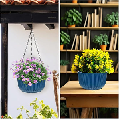 RooTrimmer Hanging Planters 9/10/11 Inch for Indoor Plants, 3 Pack Plant Hanger Outdoor with Drainage Holes, Self Watering Hanging Basket Flower Pot for Garden Home Decor, Dark Blue