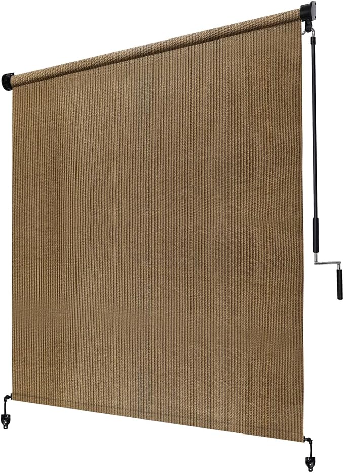 KANAGAWA Outdoor Roller Shade 8'X6' Walnut Exterior Cordless Patio Roll Up Shades for Outside Pergola Porch, Outdoor Blinds for Patio