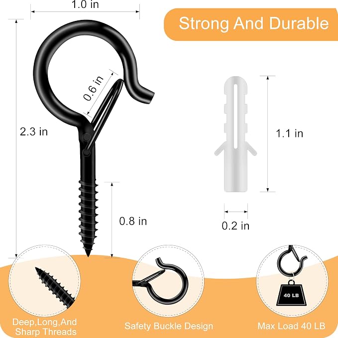 Black Screw Hooks with Safety Lock 2.3" Rustproof Metal Ceiling Hooks for Hanging Plants, Baskets,String Lights & Outdoor Decor, 40LB Capacity (10, Black)