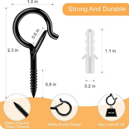 Black Screw Hooks with Safety Lock 2.3" Rustproof Metal Ceiling Hooks for Hanging Plants, Baskets,String Lights & Outdoor Decor, 40LB Capacity (50, Black)