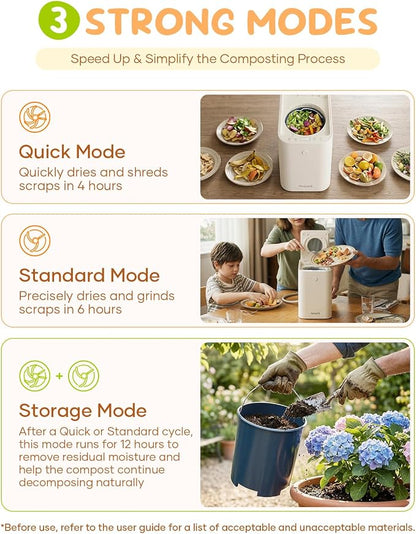 Electric Composter Smart 3L Kitchen Compost Bin Countertop Composter with Odorless Carbon Filter, Low Noise, Auto Clean, Visible Window Indoor Food Recycler Compost Tumbler Bin