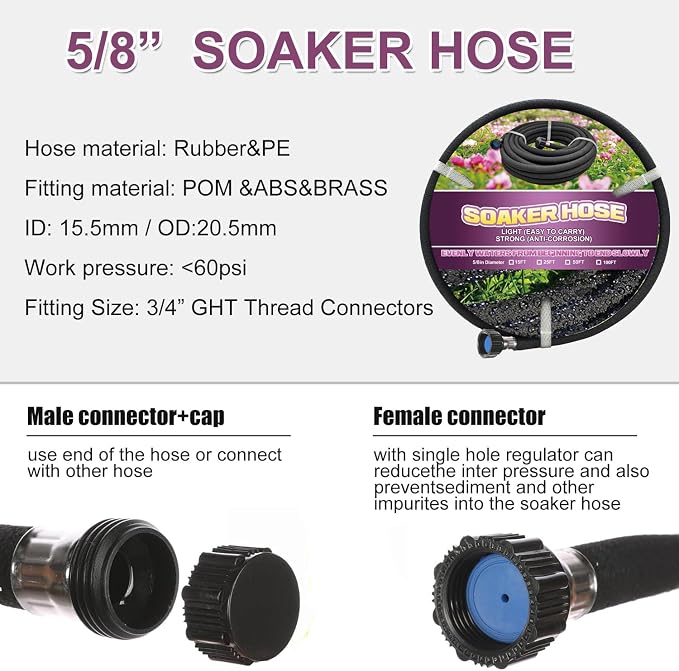 Short Soaker Hose 15ft -5/8 Round Rubber Garden Soaker Hoses, Heavy Duty Irrigation Drip Hose, Durable Seeper Water Hose for Gardens, Flower Beds And Lawn Yard