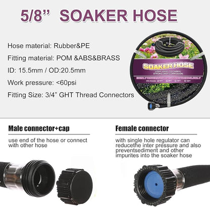 Soaker Hose 75ft - 5/8 Round Rubber Garden Soaker Hoses, Heavy Duty Irrigation Drip Hose, Water Seeper Soaking Hose for Gardens, Flower Beds And Lawn Yard