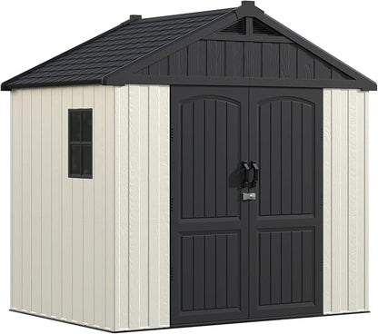 Greesum 8x6FT Plastic Outdoor Storage Shed with Floor, Resin Sheds with Window and Lockable Door, Easy Assembly, HDPE Kick-it Shed for Garden, Lawn, Backyard, Beige