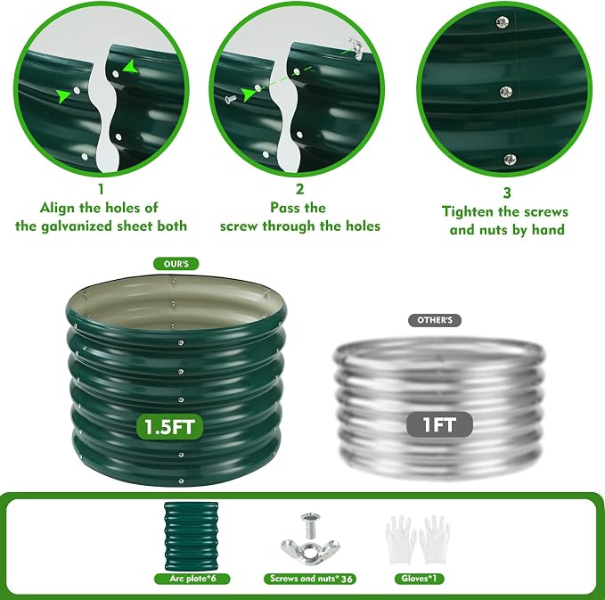 YSEJOMP 17" Tall 24" Diameter Round Raised Garden Bed Kits Outdoor Green | 1.5 FT Tall,2FT Planter Bed for Flowers,Herbs,Vegetables,Trees,0.8MM Thick Galvanized Metal Painted,with Gloves,Tool free