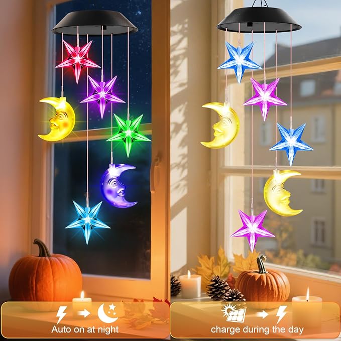 Winzwon Solar Lights Outdoor Moon Star Wind Chimes for Outside | Birthday Gifts for Women Mom Grandma Her Wife Mothers Day Christmas Garden Yard Patio Porch Deck Hanging Decor