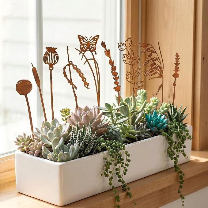 9PCS Metal Garden Stakes Decorative Flower Plant Stakes, Rustic Iron Yard Art Plant Picks for Outdoor Indoor Planters, Succulent Pot Decor, Lawn Patio Garden Ornaments, Gift for Garden Lovers