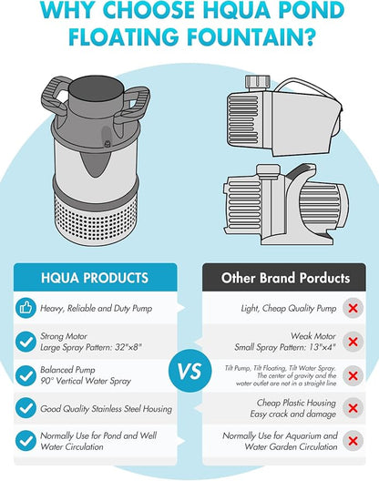 FS01 110V, 1 HP, Large Pond Floating Fountain, Oil Free Pump 13000 GPH with 100’ Cord, Two Spray Patterns Included