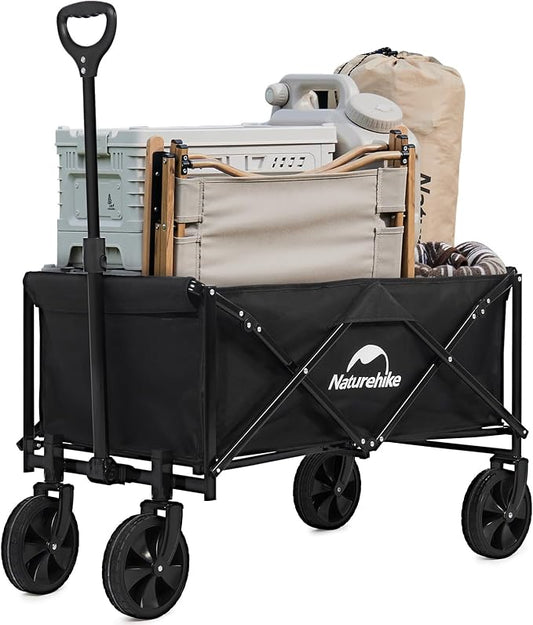 Naturehike Collapsible Wagon, 300LBS Capacity, Black Iron Steel Frame, Adjustable Aluminum Handle, All-Terrain Swivel Wheels, Garden Cart, Utility Wagon