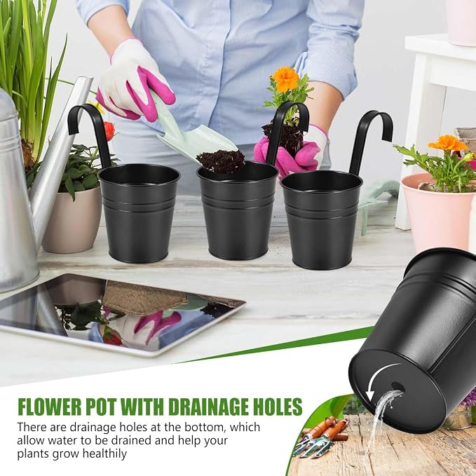 OBTANIM 12 Pack Metal Hanging Flower Pots Railing Planter Outdoor Fence Hanging Bucket Plant Holder with Detachable Hooks Drain Holes for Home Garden Yard Decor (Black, 4 x 4 Inch)