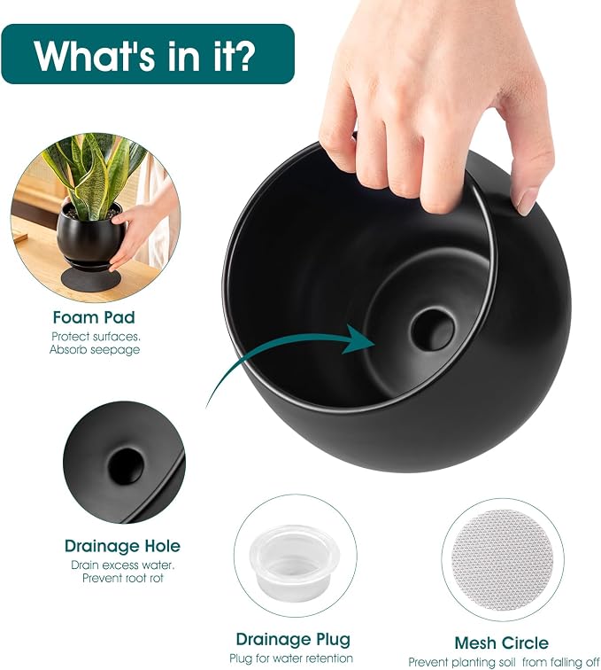 vancasso 3-Pack Ceramic Plant Pots, 3.7/4.8/6.2 Inch Indoor Planters with Saucers & Drainage Hole Planter pots for Indoor Plants and Flower, Black