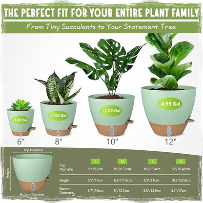 Self-Watering Pots for Indoor Plants 4 Pack, 6/8/10/12 Inch Outdoor Planters with Water Level Indicator & Deep Reservoir, Decorative Flower Pots for Home Decor (Green, 12+10+8+6 Inch)