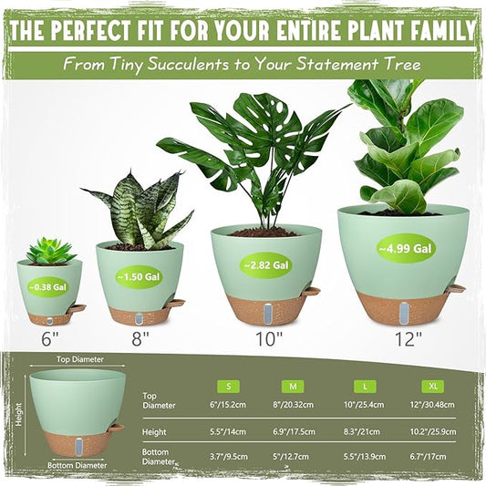 Self-Watering Pots for Indoor Plants 4 Pack, 6/8/10/12 Inch Outdoor Planters with Water Level Indicator & Deep Reservoir, Decorative Flower Pots for Home Decor (Green, 12+10+8+6 Inch)