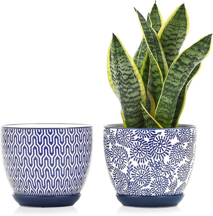 Selamica Ceramica Plant Pots, 6.5 Inch Flower Pots Set of 2 with Drainage Holes & Saucer, Planters for Indoor Plants, Home Decor, Vintage Blue
