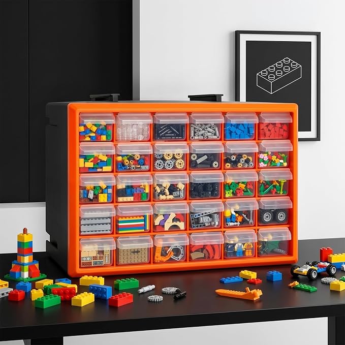 Goaste 30 Drawer Plastic Drawer Storage Cabinet, Stackable Wall Mount Small Parts Organizer, Clear Drawer Hardware Organizer with Removable Dividers for Crafts, Beads, Building Bricks, Garage, Office