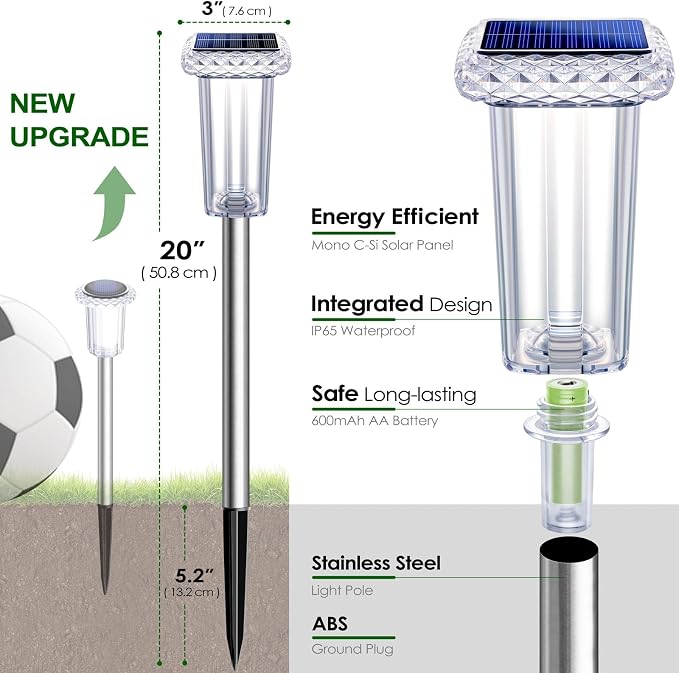 DenicMic Solar Pathway Lights Outdoor Waterproof 4 Pack 10 Lighting Mode | 3000K/4000K/6000K Fix Color Changing LED Acrylic Stainless Steel Crystal Style Star Pattern Yard Garden Landscape Path Lights