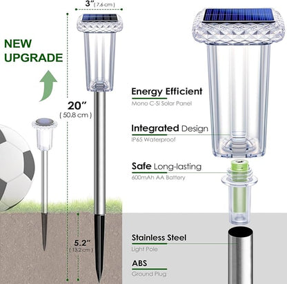 DenicMic Solar Pathway Lights Outdoor Waterproof 4 Pack 10 Lighting Mode | 3000K/4000K/6000K Fix Color Changing LED Acrylic Stainless Steel Crystal Style Star Pattern Yard Garden Landscape Path Lights