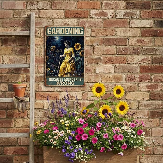 Garden Decor Sign Gardening Because Murder Is Wrong Wall Art | Garden Lovers • Patio Yard Display • Garden Theme • Vintage Humor Style • UV Printed • 8x12 Inch