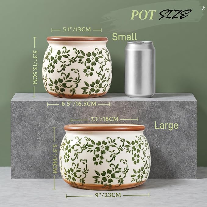 Vintage Ceramic Flower Pot - Indoor Outdoor Planters with Drainage Holes & Filter Screen, 6.5’’ Small Rustic Farmhouse Decorative Plant Pots for Garden/Patio/Balcony (Green Vines, Small)