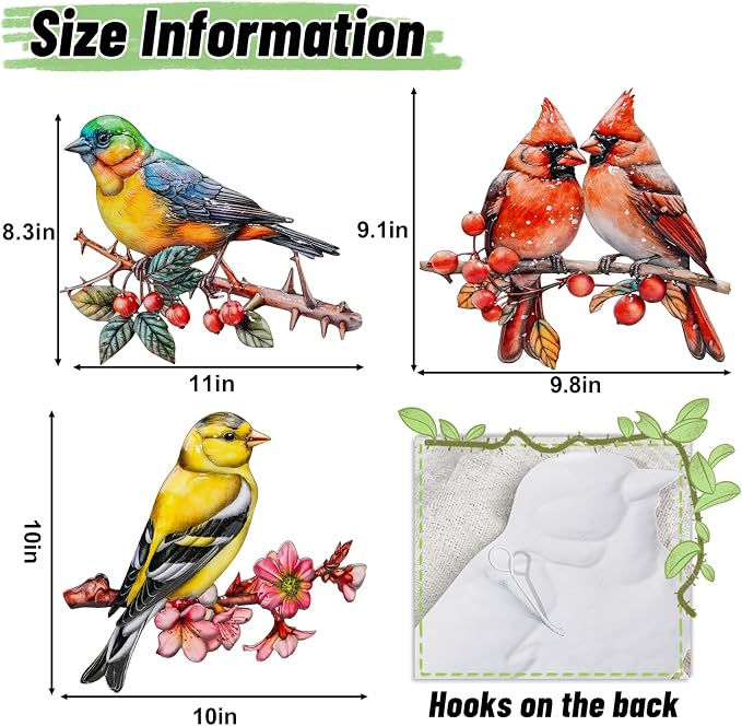 YOADEHOA 3Pcs Metal Wall Art Decor Birds on Branch, 3D Colorful Bird Outdoor Hanging Wall Art Patio Fence Decorations, Hummingbird Wall Sculptures for Indoor Outdoor Garden(Birds A)