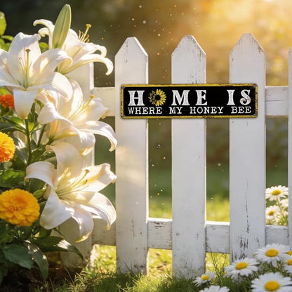 Garden Metal Tin Sign Bee Decor, Vintage Farmhouse Wall Art, Home Is Where My Honey Bee Sign, for Yard Fence Porch, Rustic Outdoor Garden Decoration, Ideal for Honey Lovers, 15.7 x 3.9 Inches