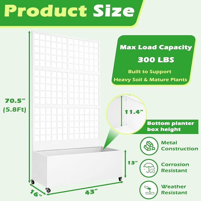 Metal Raised Garden Bed with Grid Trellis and Wheels, 43” L x 16” W x 71” H Privacy Screen for Climbing Plants, Metal Planter Box with Drainage Holes