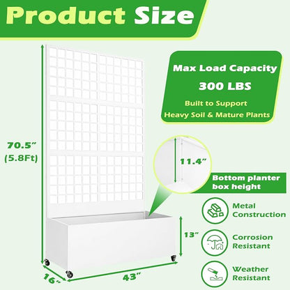 Metal Raised Garden Bed with Grid Trellis and Wheels, 43” L x 16” W x 71” H Privacy Screen for Climbing Plants, Metal Planter Box with Drainage Holes