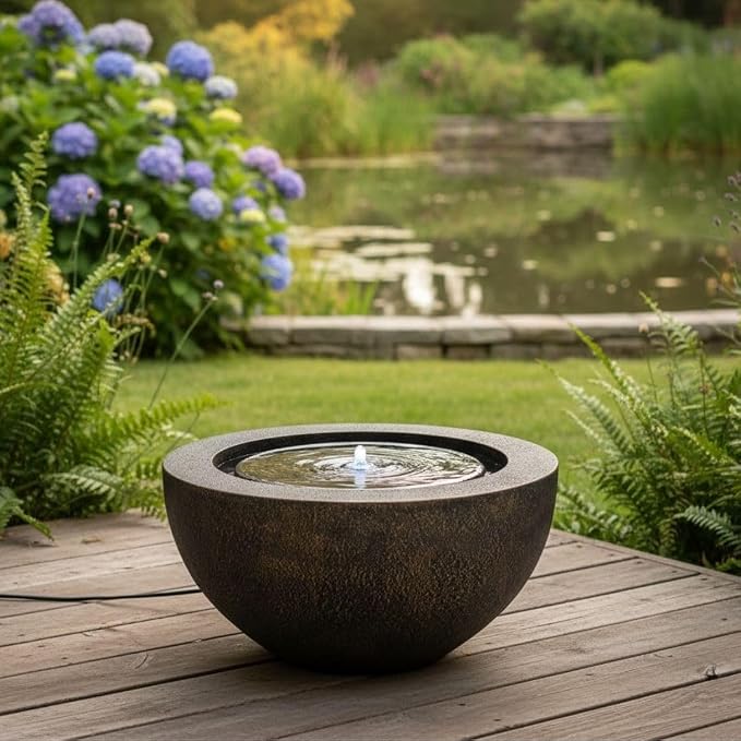 XBrand 9.65" H Round Sphere Water Fountain Indoor/Outdoor with LED Light, Polyresin Bubbler Feature for Patio, Yard, Home Décor - Bronze, Tranquil Serene Garden Accent