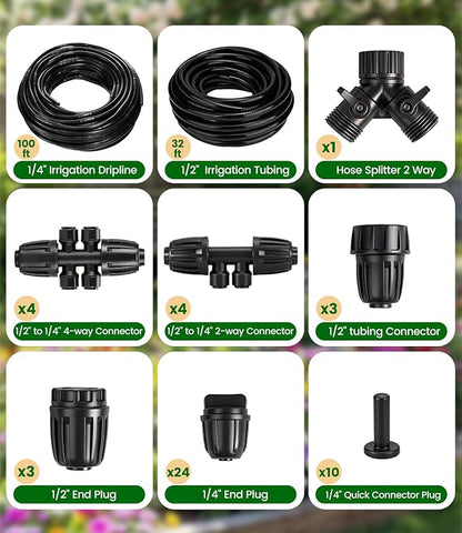 132FT Drip Irrigation Tubing Kit with 1/2 inch Drip Irrigation Tubing, 1/4 inch Irrigation Dripline, and Irrigation Parts for Garden, Raised Beds, and Greenhouse Watering