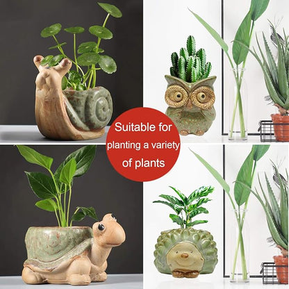 Small Ceramic Succulent Pot with Drainage, Animal Succulent Planter, 4.4 Inch Flower Pots, for Flower, Cactus, Mini Succulent Plants, Indoor and Outdoor use, Set of 4 Garden Gift