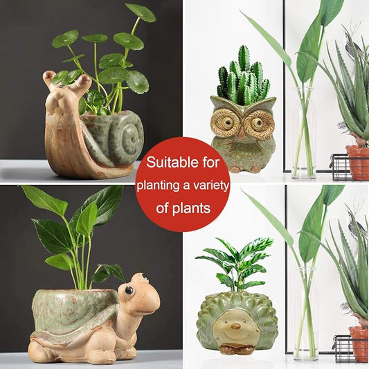 Small Ceramic Succulent Pot with Drainage, Animal Succulent Planter, 4.4 Inch Flower Pots, for Flower, Cactus, Mini Succulent Plants, Indoor and Outdoor use, Set of 4 Garden Gift