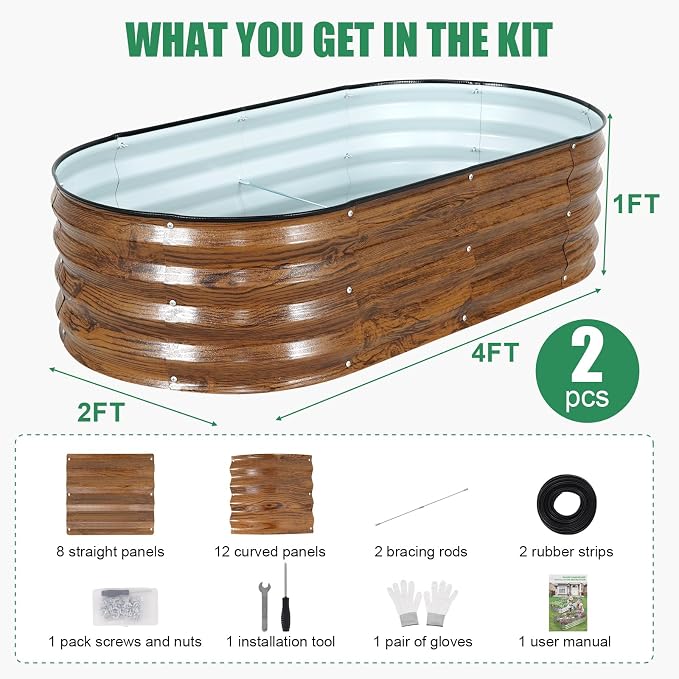 Galvanized Raised Garden Bed Outdoor, 2Pcs 4x2x1ft Oval Planter Box with Rubber Strip,Metal Raised Bed Kit for Vegetables Flowers Herbs, Grain