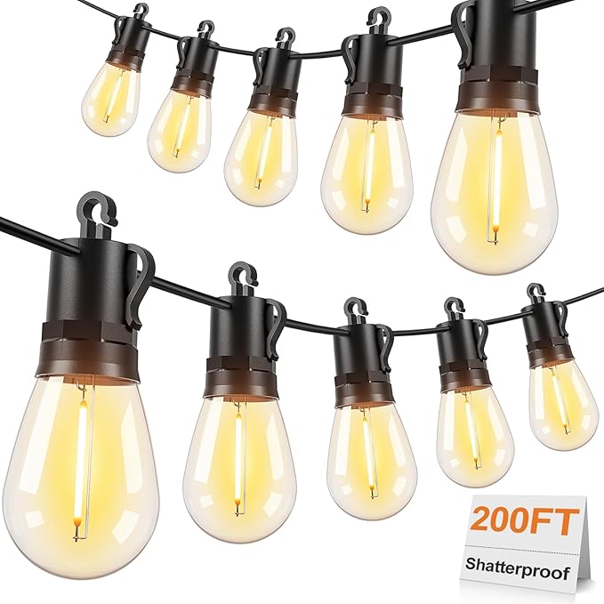 Brightever Outdoor String Lights Waterproof, 200FT Extra-Long LED Patio Lights with 62 Shatterproof S14 LED Bulbs, Vintage Edison String Lights for Outside, 2700K Warm White Deck Lights for Party