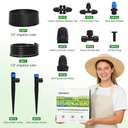 2026 Upgrade 256FT Quick-Connect Drip Irrigation System Kit with 1/4” & 1/2” Fast-Lock Tubing, Adjustable Emitters & Sprinklers for Garden & Greenhouse