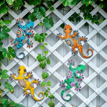 4 Pcs Metal Gecko Outdoor Decorations - Metal Lizards Wall Art Hanging Sculpture Decoration for Garden Yard Fence Porch Exterior Wall Decor