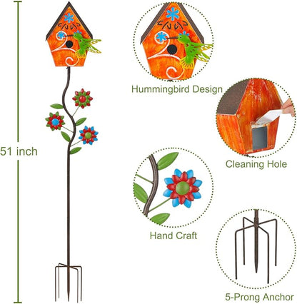 51” Metal Bird Houses Stake for Outside Hummingbird Design | Metal Wild Birdhouse, 5 Pronged Garden Stake Pole, Outdoor Decorations for Patio, Backyard, Garden