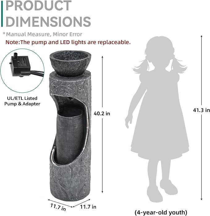40" Innovative LED Strip Outdoor Water Fountain with Birdfeeder | Unique Dual-Layer Structure Garden Fountain with Soothing Waterfall Foutain for Patio Backyard Garden or Porch Decor